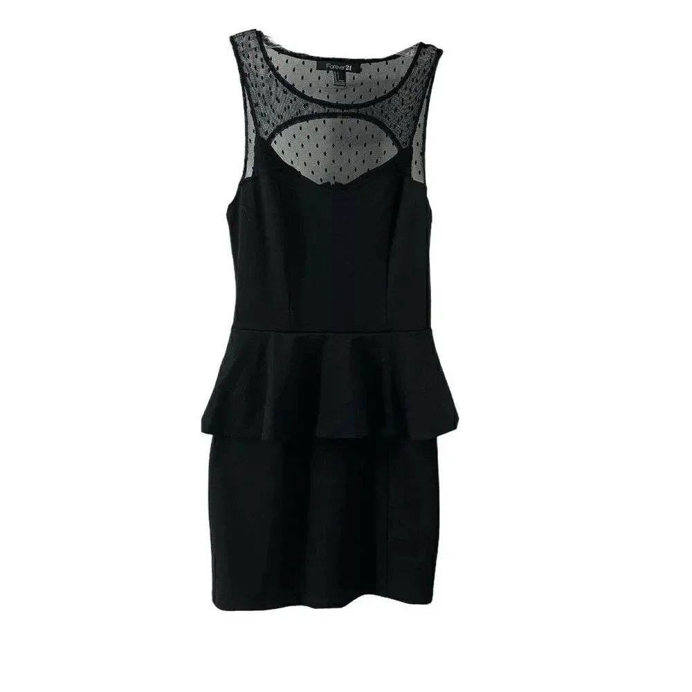 Black Peplum Mini Cocktail Dress Lace Panel Small